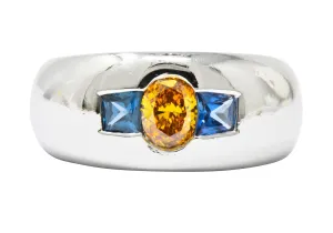 Vintage 1.19 CTW Fancy Intense Yellow-Orange Diamond Sapphire Platinum Men's Band Ring GIA