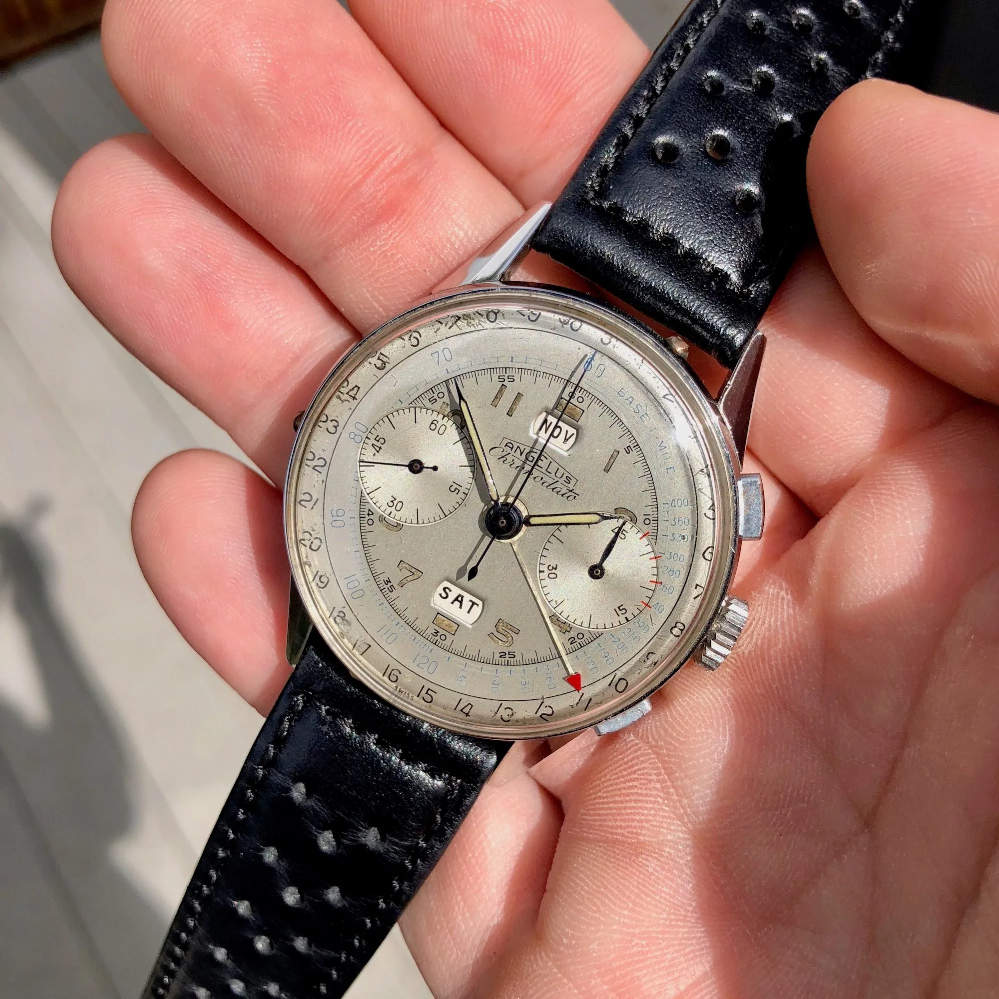 Vintage Angelus Chronodato Steel Chronograph Triple Date Calendar Manual Wristwatch Circa 1940's