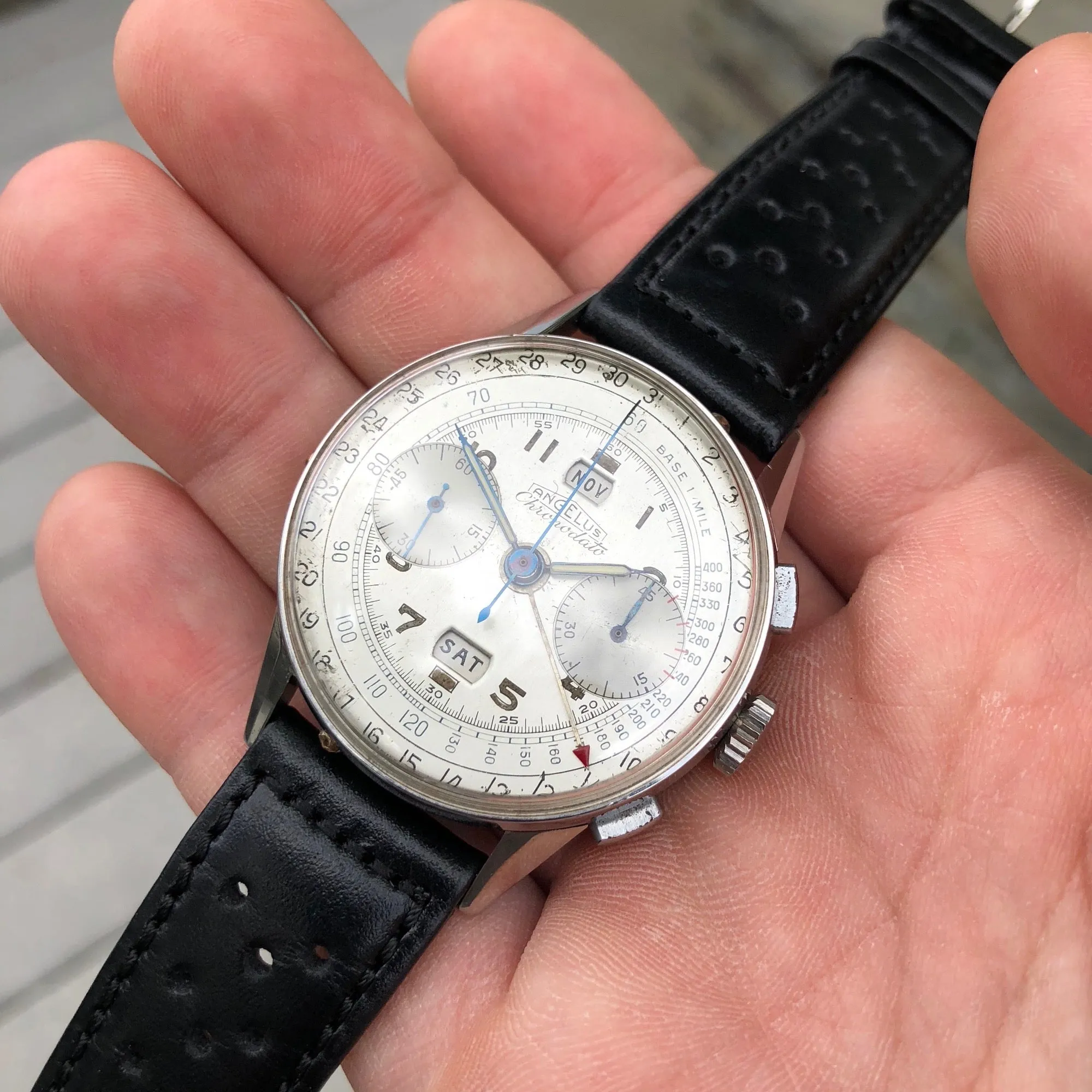 Vintage Angelus Chronodato Steel Chronograph Triple Date Calendar Manual Wristwatch Circa 1940's
