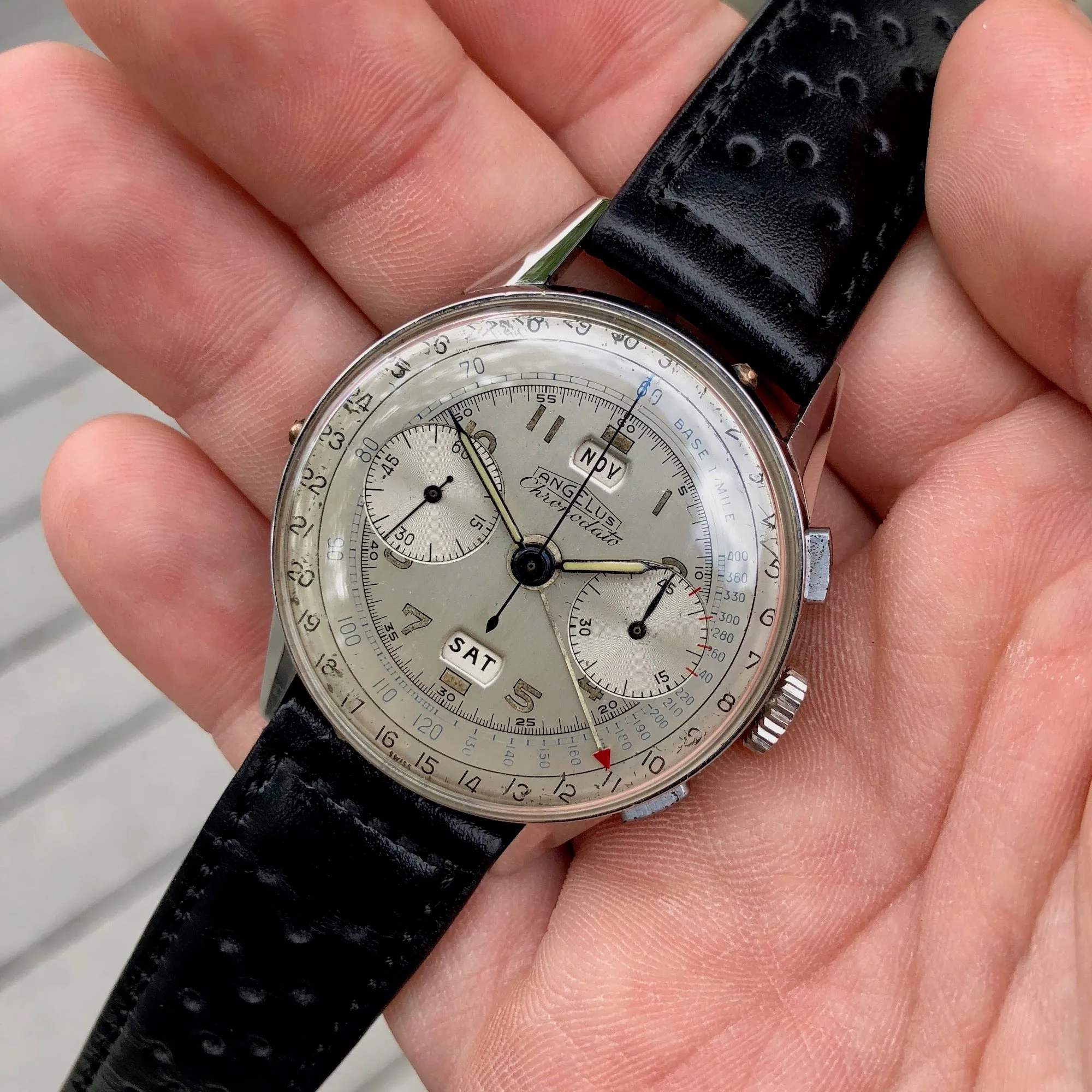 Vintage Angelus Chronodato Steel Chronograph Triple Date Calendar Manual Wristwatch Circa 1940's