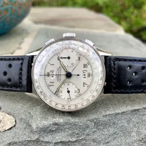 Vintage Angelus Chronodato Steel Chronograph Triple Date Calendar Manual Wristwatch Circa 1940's