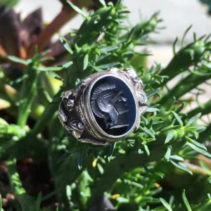 Vintage Antique Large Mens Silver Onyx Cameo Roman Decorative Ring