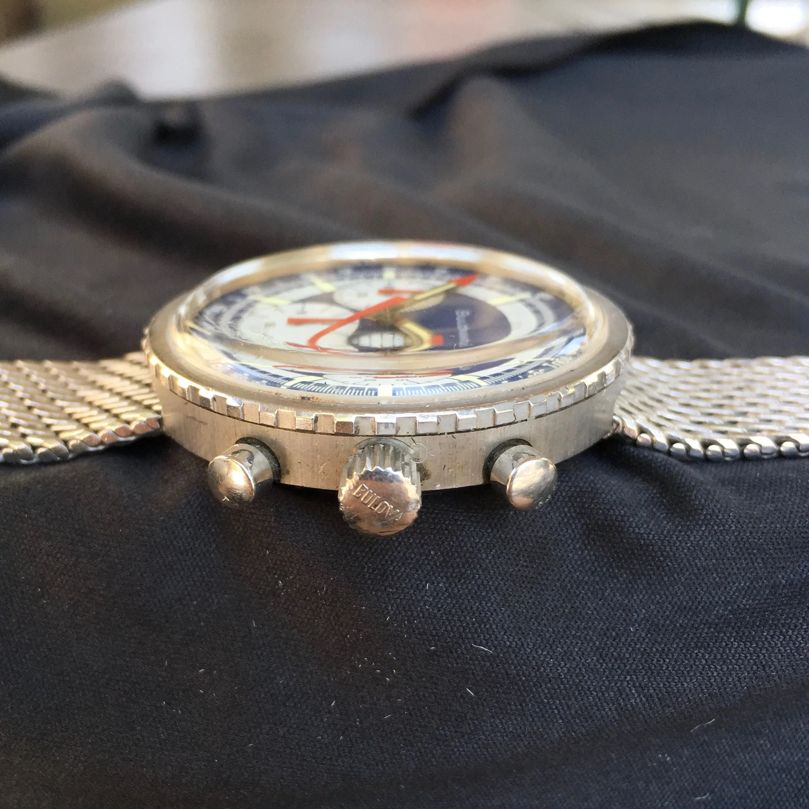 Vintage Bulova Stars And Stripes Valjoux 7736 Steel Chronograph Wristwatch