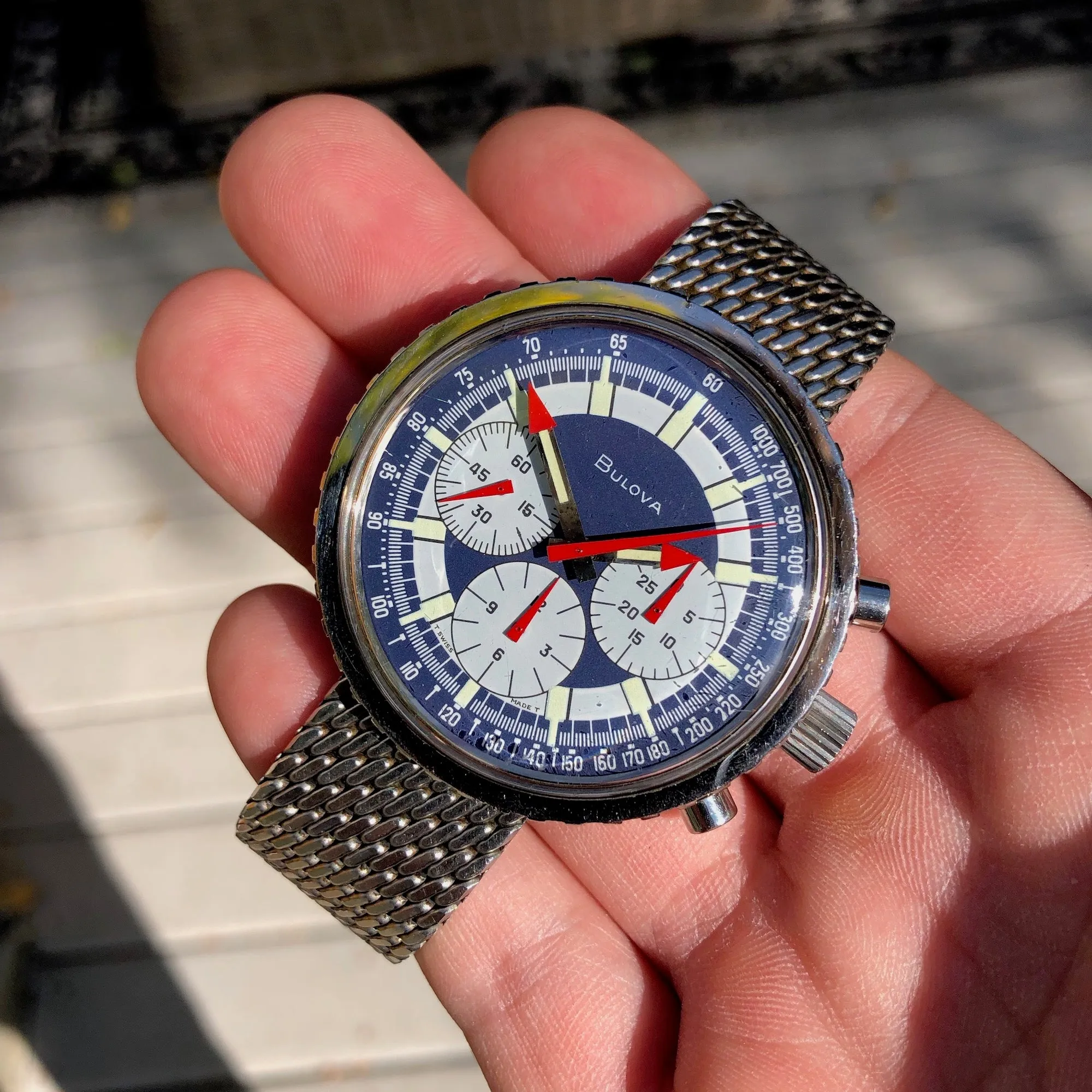 Vintage Bulova Stars And Stripes Valjoux 7736 Steel Chronograph Wristwatch