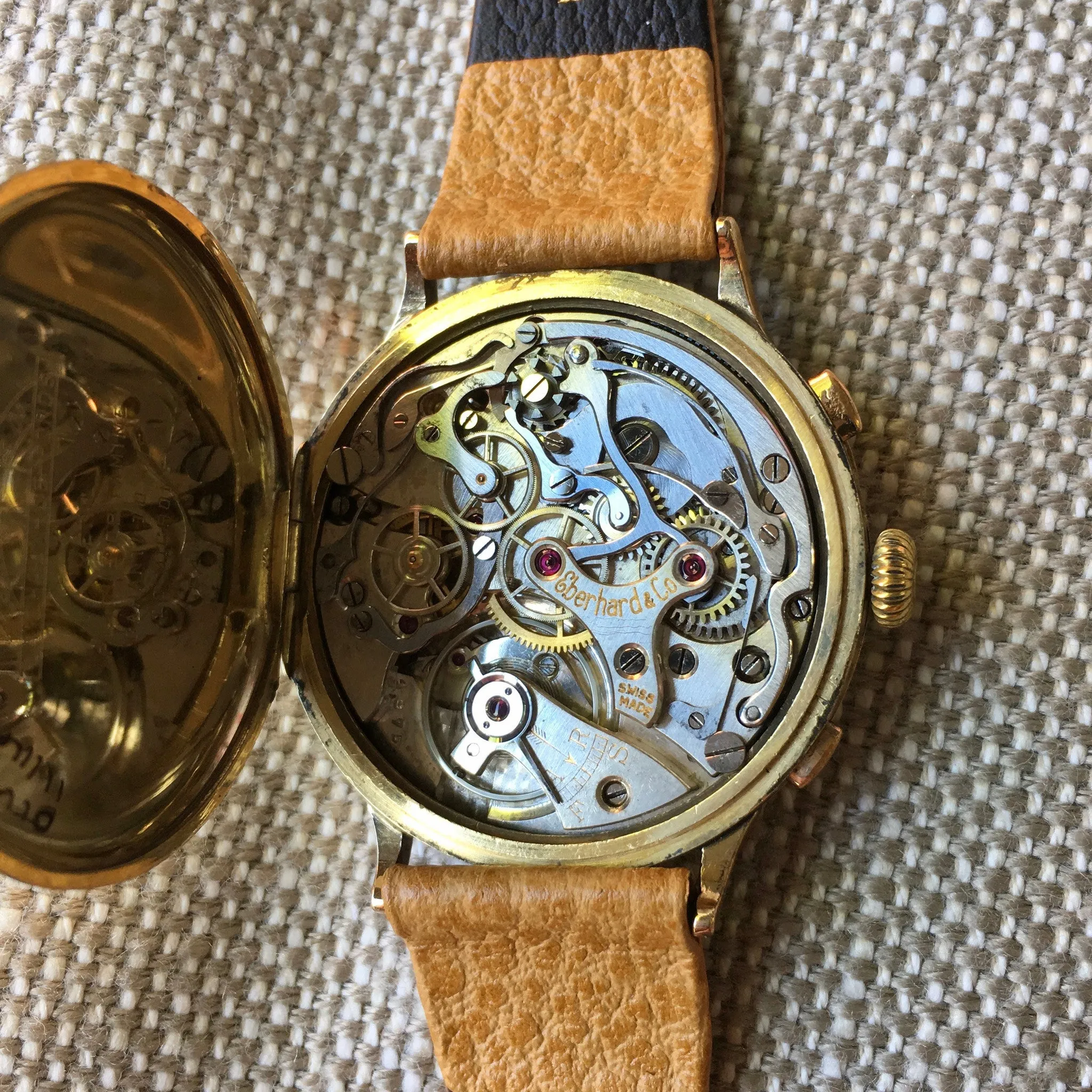 Vintage Eberhard Chronograph 5481 Gold Plated Manual Wind 40mm Large Wristwatch 1940's