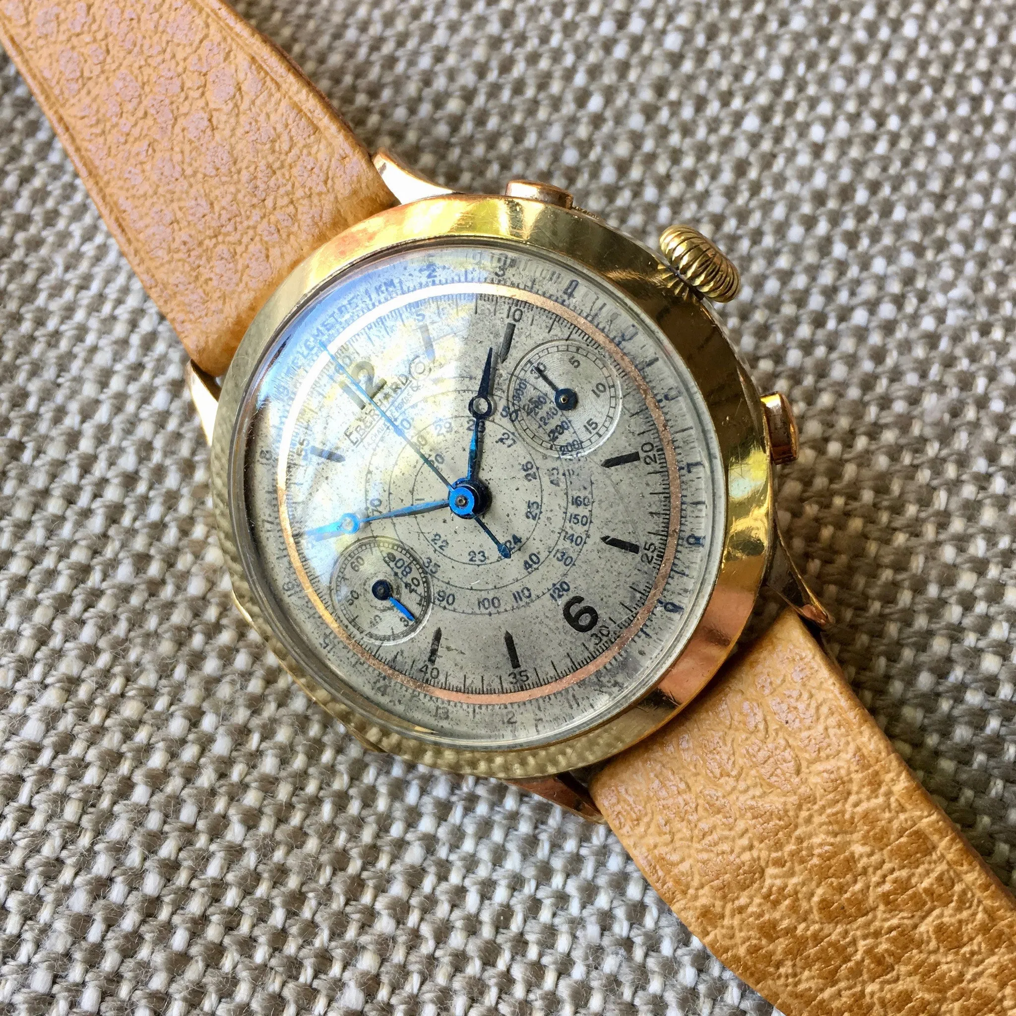 Vintage Eberhard Chronograph 5481 Gold Plated Manual Wind 40mm Large Wristwatch 1940's
