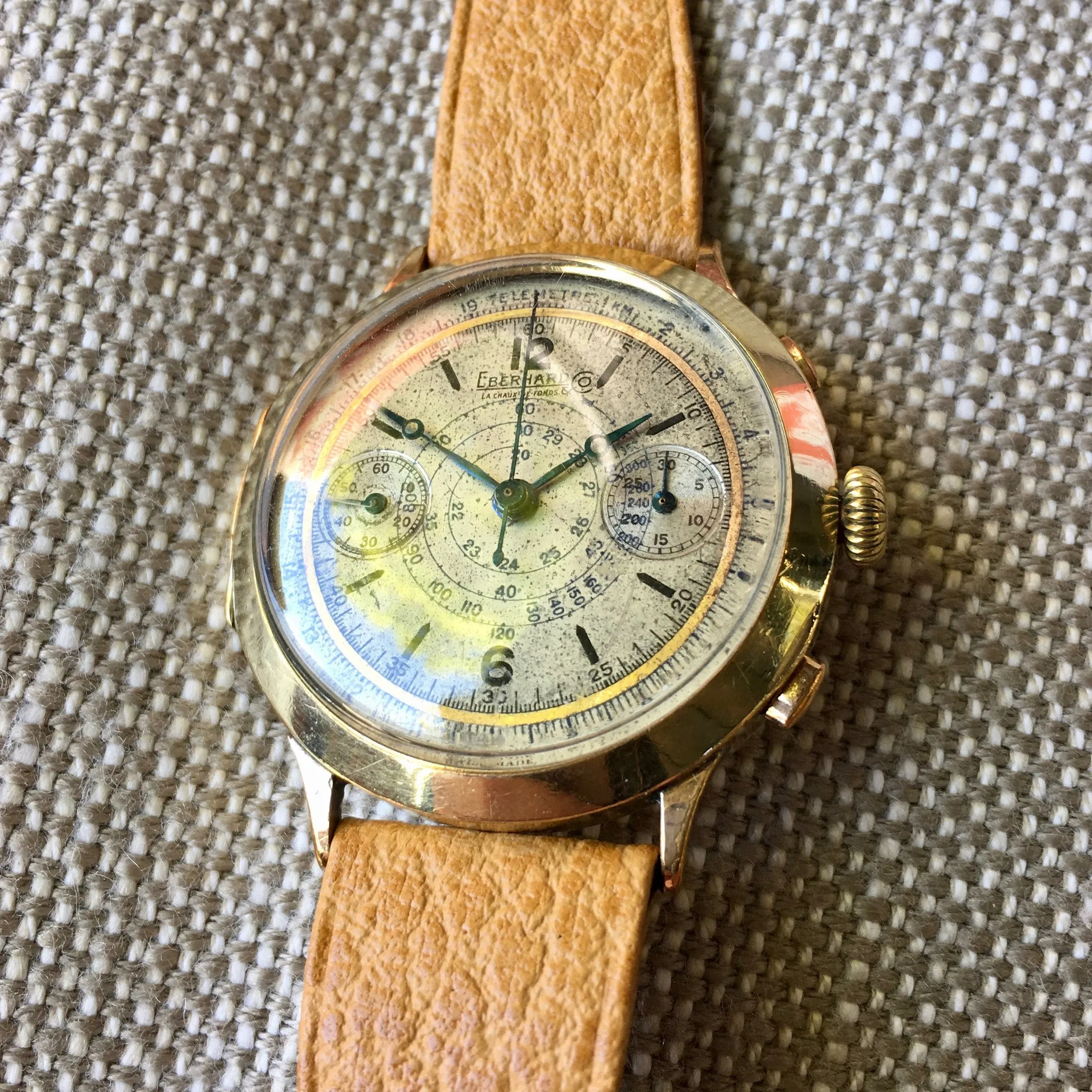 Vintage Eberhard Chronograph 5481 Gold Plated Manual Wind 40mm Large Wristwatch 1940's