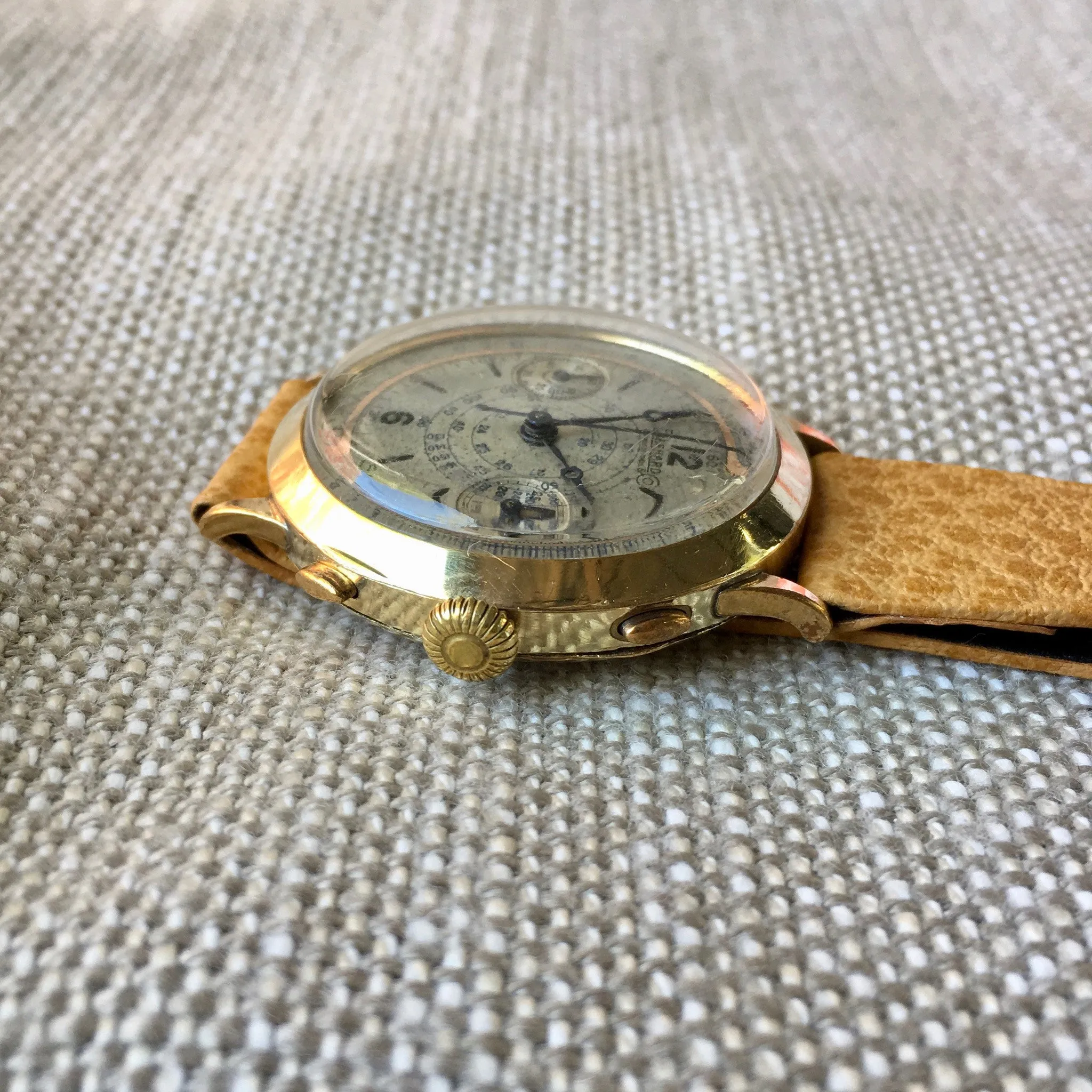 Vintage Eberhard Chronograph 5481 Gold Plated Manual Wind 40mm Large Wristwatch 1940's