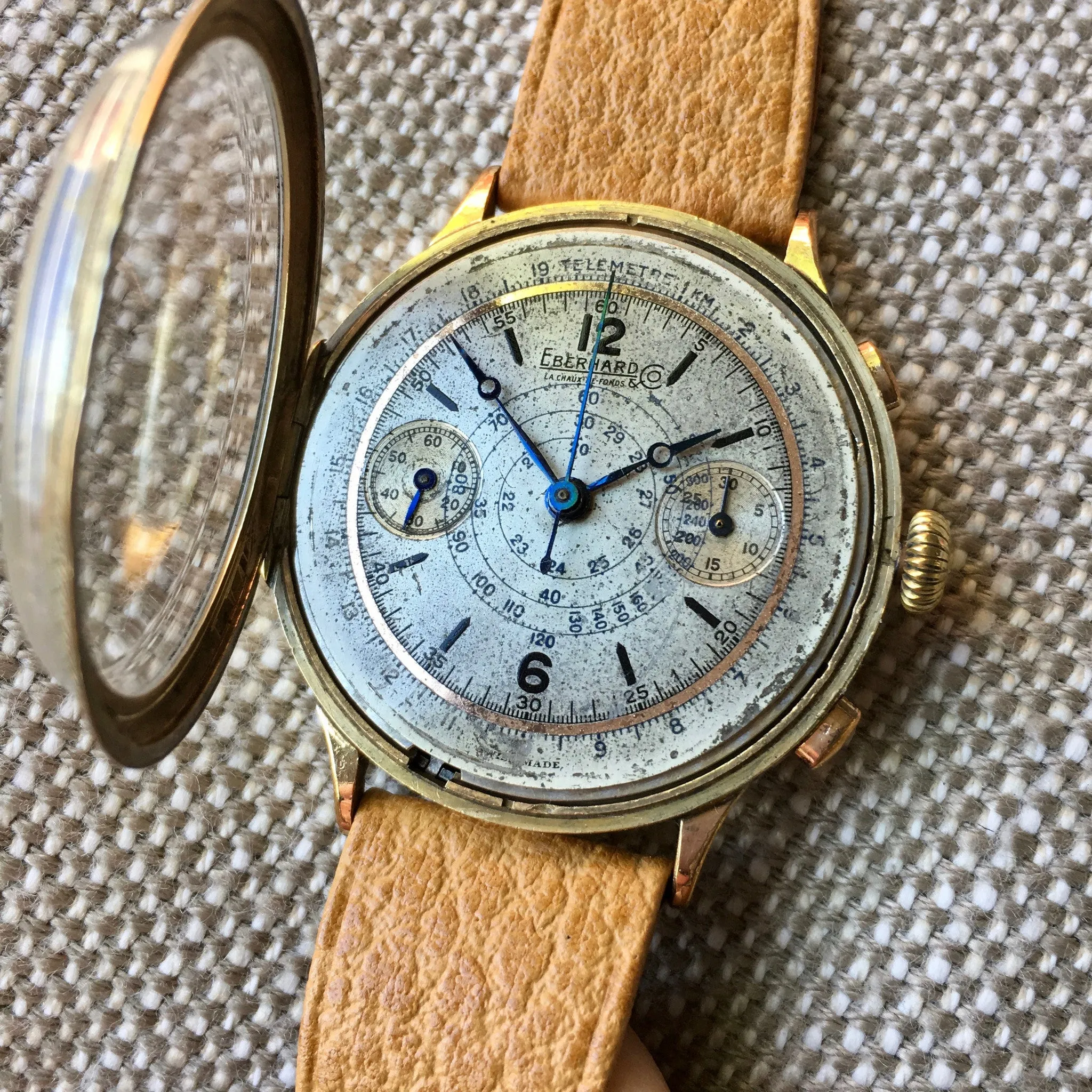 Vintage Eberhard Chronograph 5481 Gold Plated Manual Wind 40mm Large Wristwatch 1940's