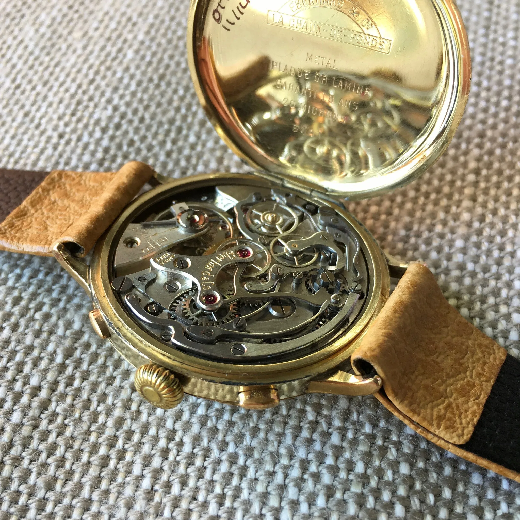 Vintage Eberhard Chronograph 5481 Gold Plated Manual Wind 40mm Large Wristwatch 1940's