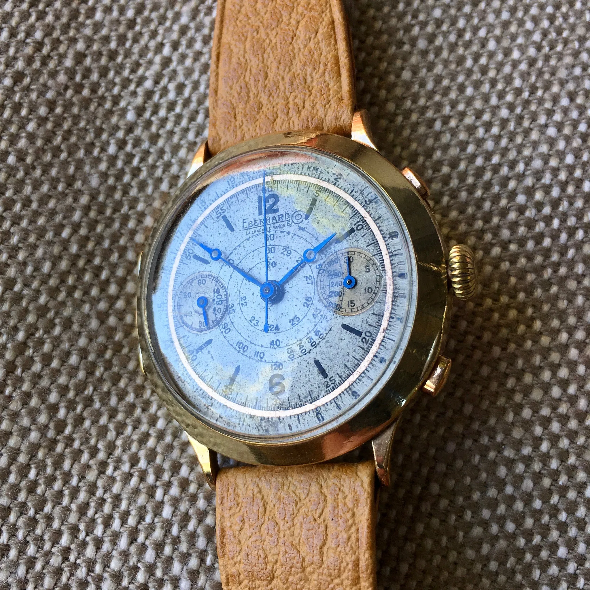 Vintage Eberhard Chronograph 5481 Gold Plated Manual Wind 40mm Large Wristwatch 1940's