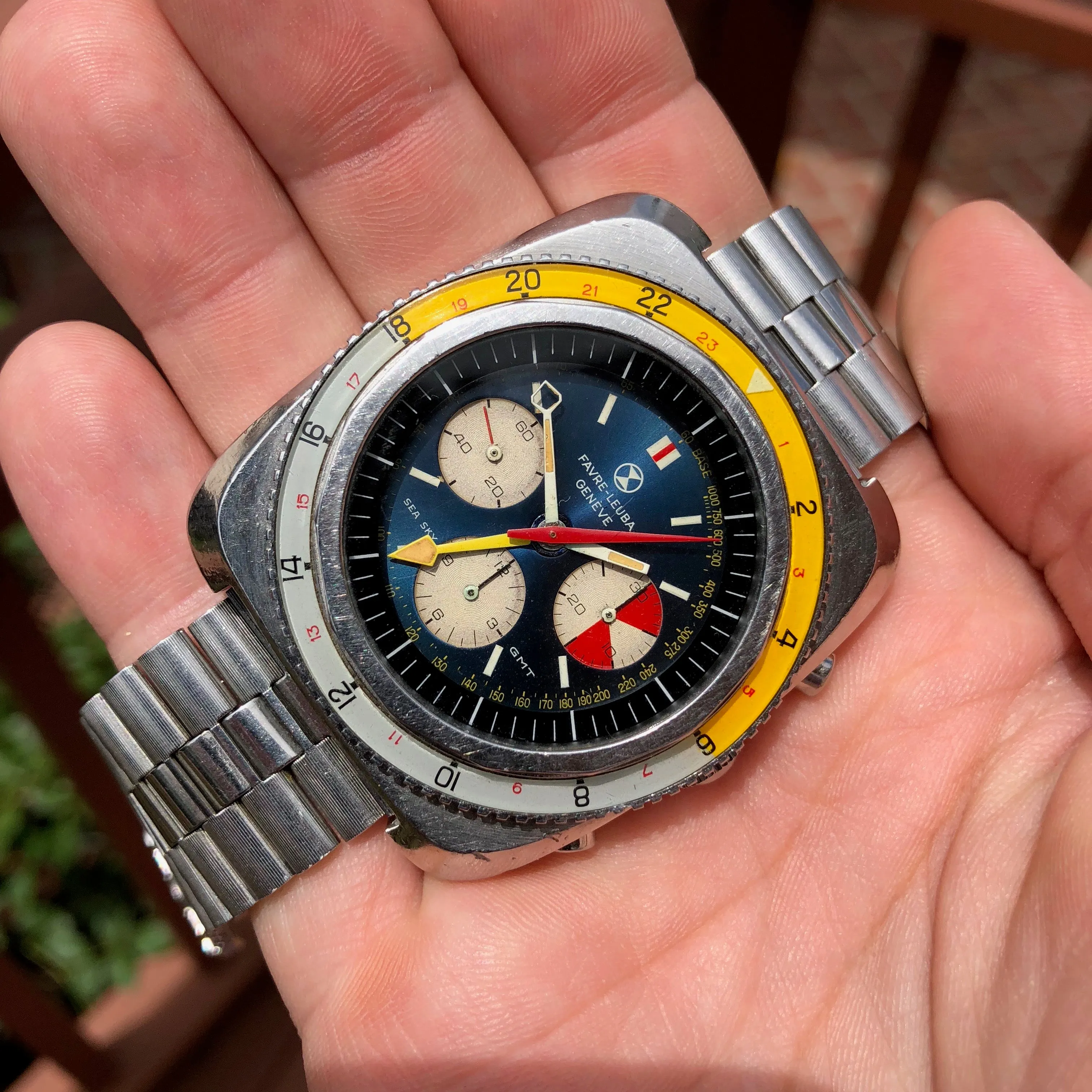 Vintage Favre Leuba Sea Sky GMT 33053 Valjoux 724 Chronograph Wristwatch