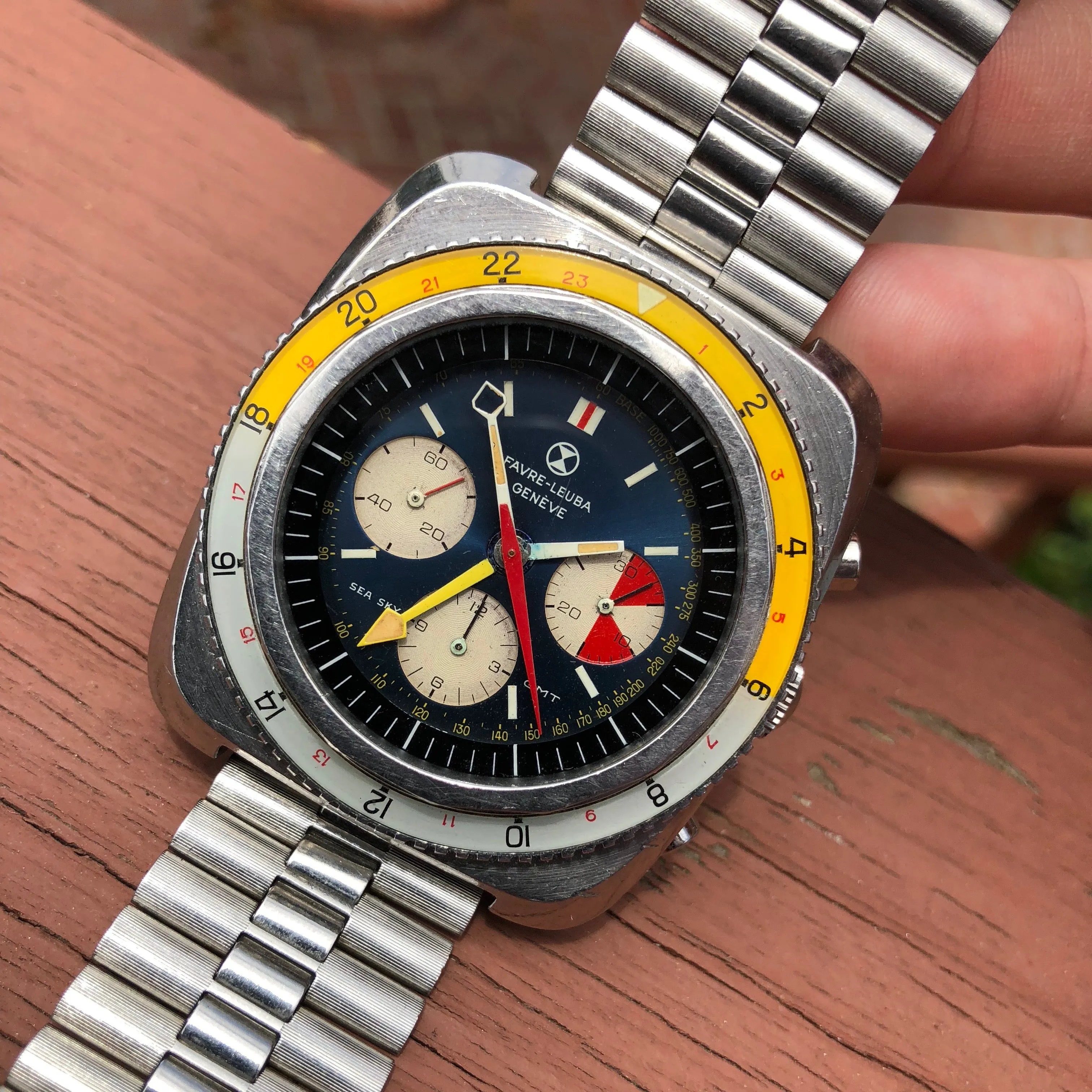 Vintage Favre Leuba Sea Sky GMT 33053 Valjoux 724 Chronograph Wristwatch