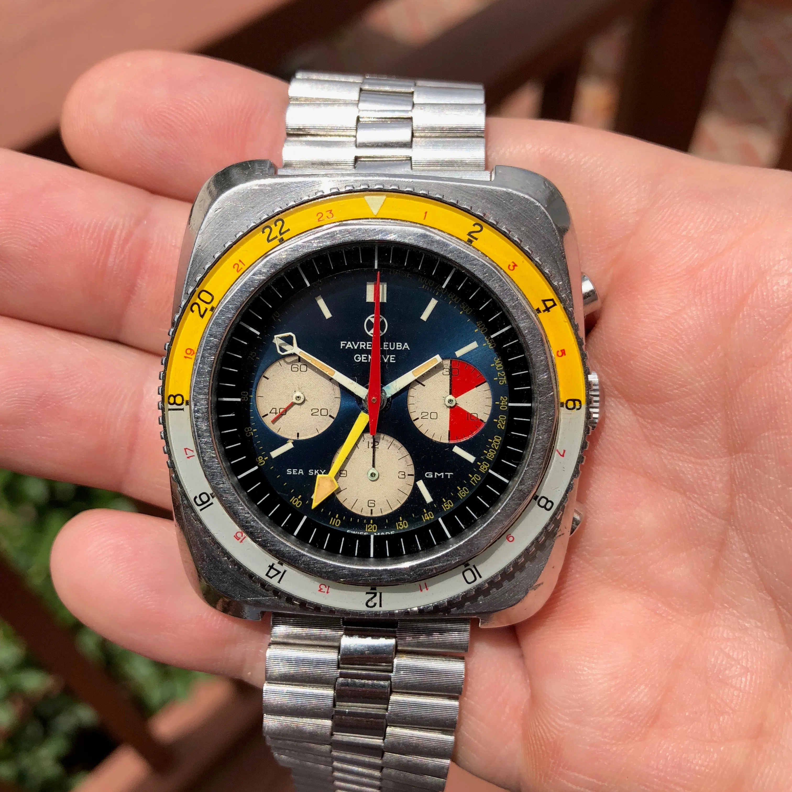 Vintage Favre Leuba Sea Sky GMT 33053 Valjoux 724 Chronograph Wristwatch