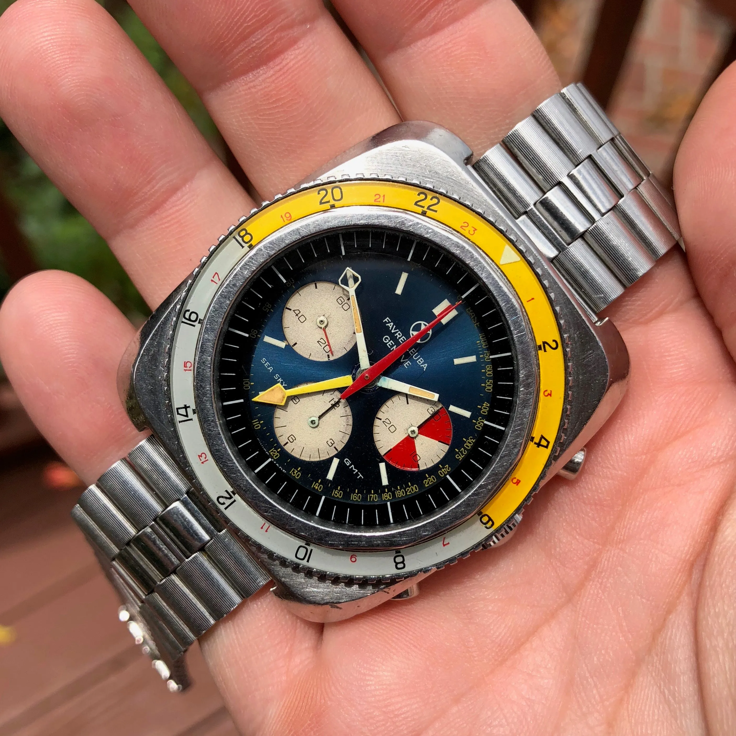Vintage Favre Leuba Sea Sky GMT 33053 Valjoux 724 Chronograph Wristwatch