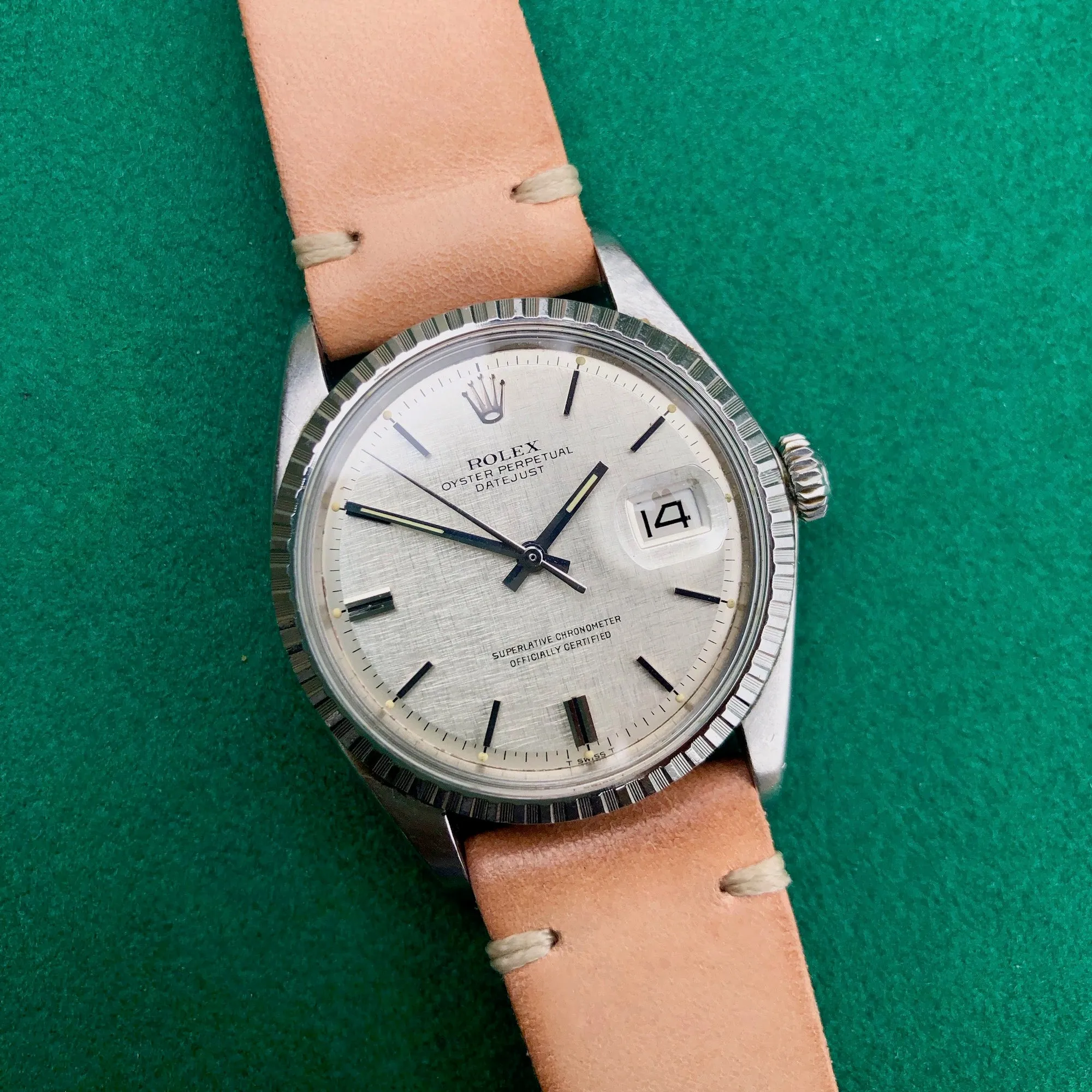 Vintage Rolex Datejust 1603 Silver Linen Engine Turned Wristwatch Circa 1968