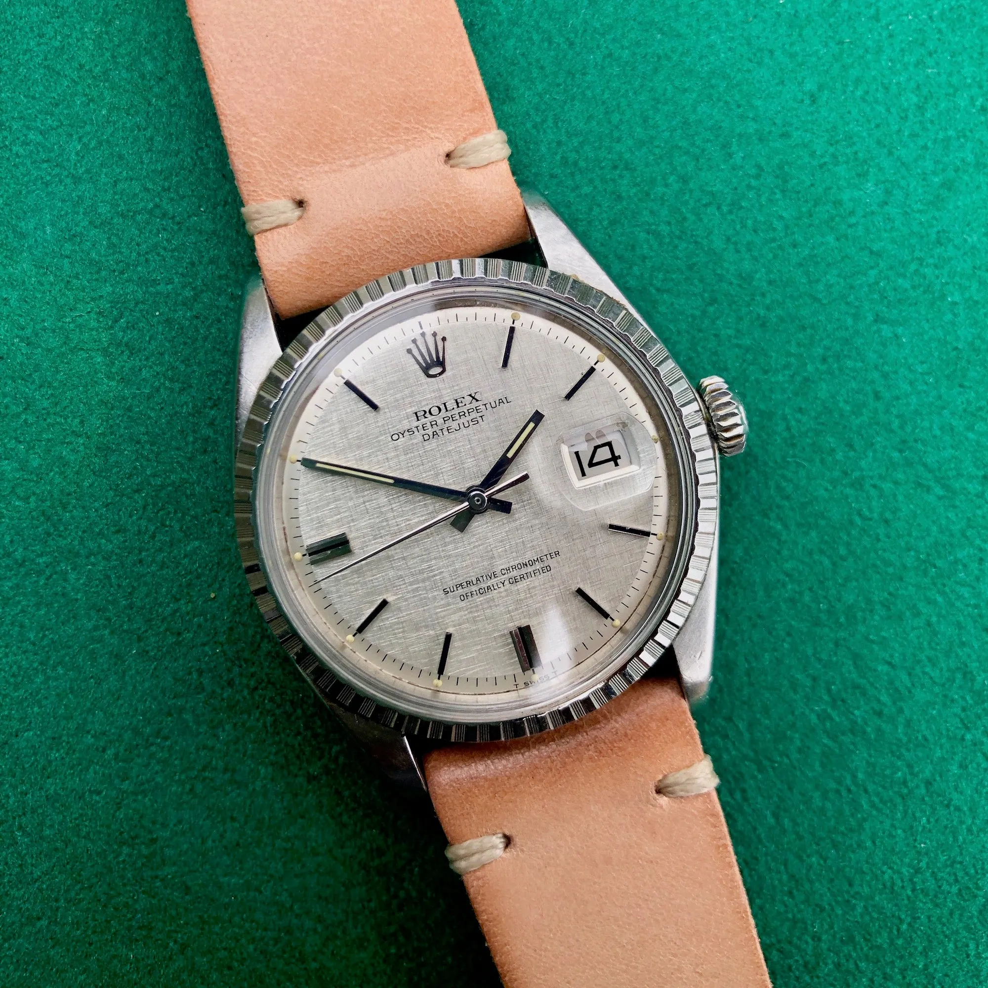 Vintage Rolex Datejust 1603 Silver Linen Engine Turned Wristwatch Circa 1968
