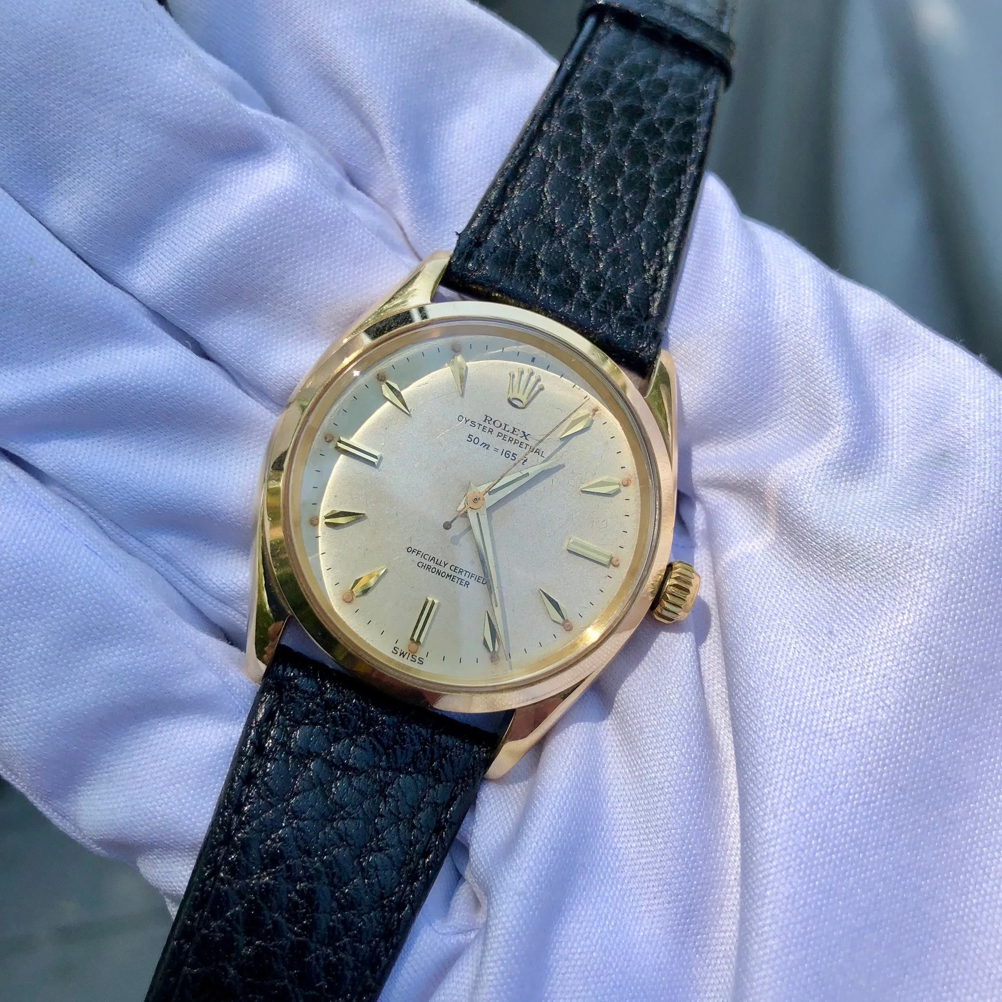 Vintage Rolex Oyster Perpetual 6564 50m = 165ft 18K Yellow Automatic Wristwatch Circa 1954