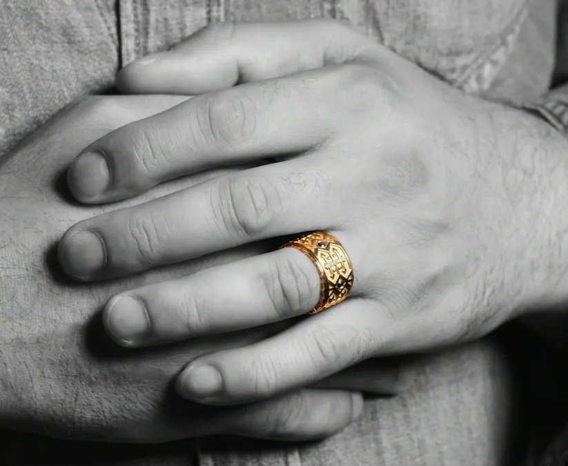 Yellow Gold, Black Diamond Men's Wedding Band, Navajo Inspired Pattern
