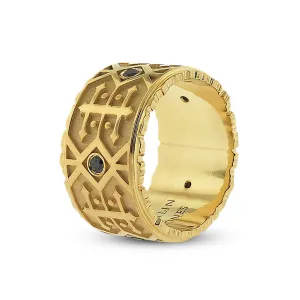 Yellow Gold, Black Diamond Men's Wedding Band, Navajo Inspired Pattern