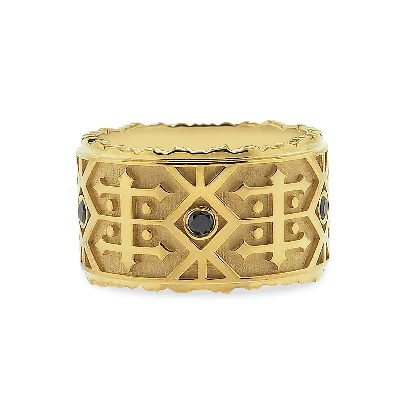 Yellow Gold, Black Diamond Men's Wedding Band, Navajo Inspired Pattern
