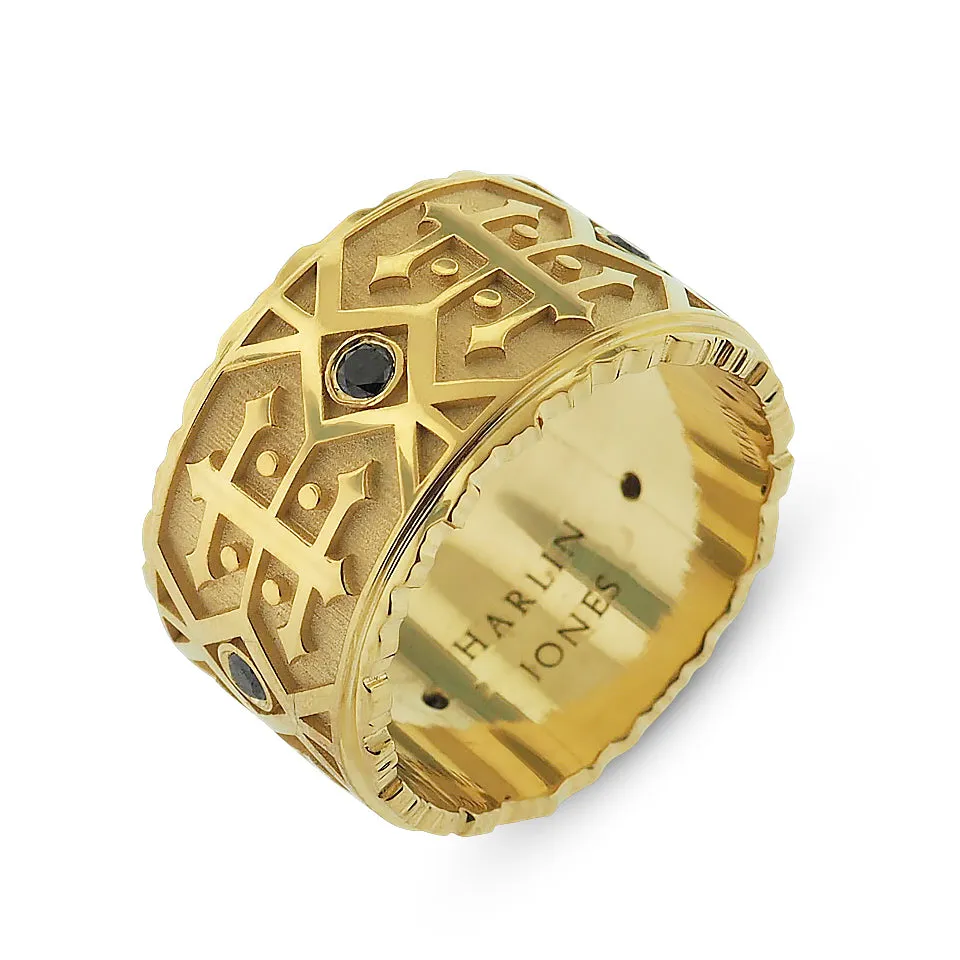 Yellow Gold, Black Diamond Men's Wedding Band, Navajo Inspired Pattern