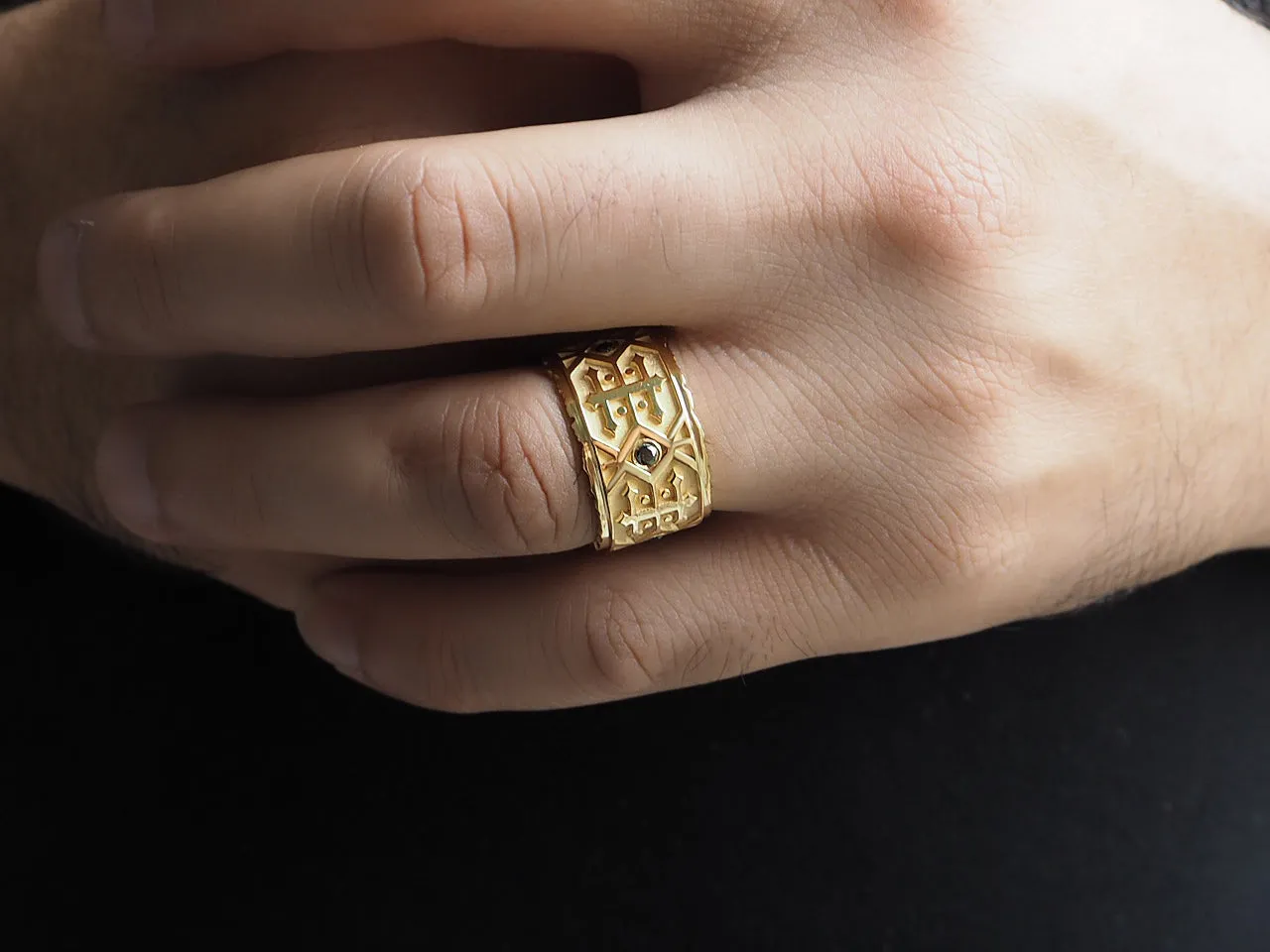 Yellow Gold, Black Diamond Men's Wedding Band, Navajo Inspired Pattern