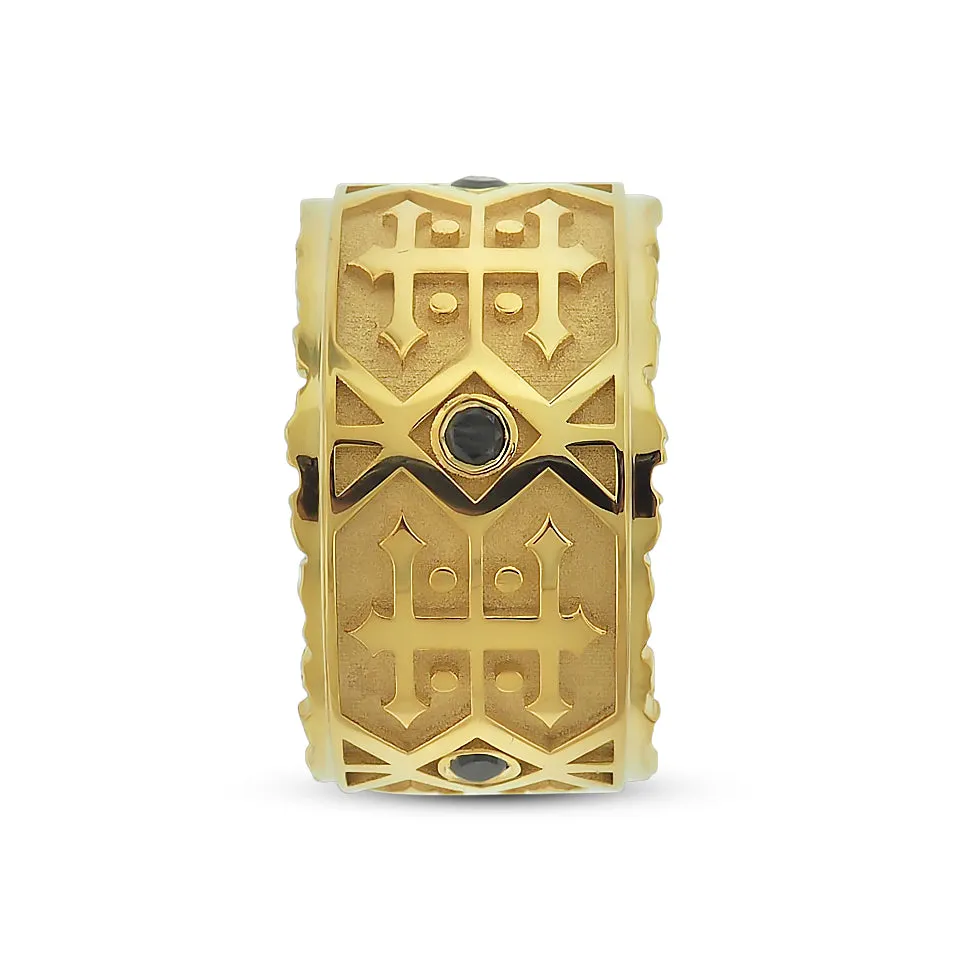 Yellow Gold, Black Diamond Men's Wedding Band, Navajo Inspired Pattern